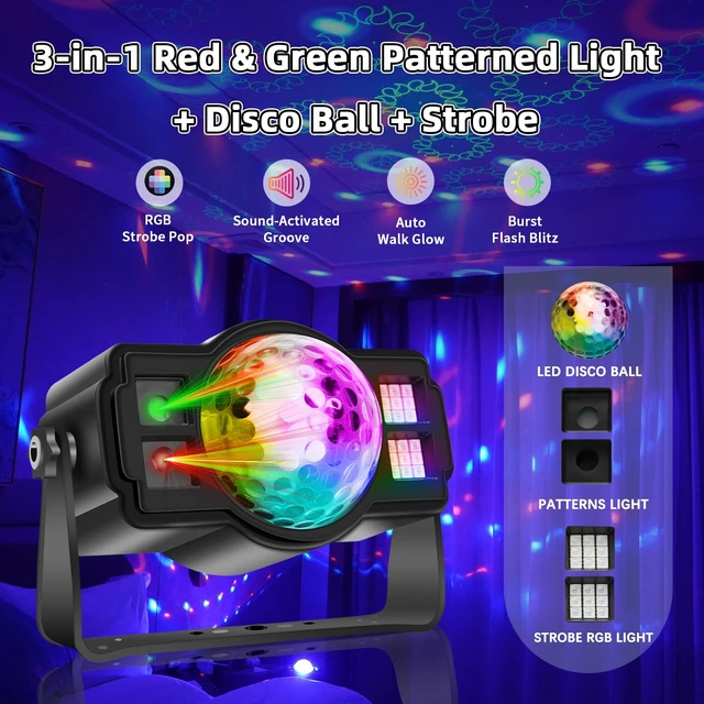Alt view image 2 of 7 - 3-in-1 Disco Ball Party Lights, Sound Activated DJ Strobe Light with 60 Patterns, USB Powered LED Projector for Room Decor, Birthday Gift, Christmas Halloween Glow Party Supplies, RGB Stage Lighting