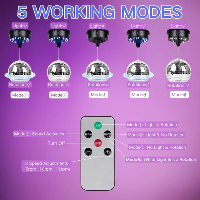 Alt view image 2 of 7 - Rotating Disco Ball Motor and Light: Disco Ball Spinner with Remote | Battery Operated or Plug-in Mirror Ball Motor - 18 RGBW LED Lights RPM Adjustable for DJ Club Bar Christmas Party Decor