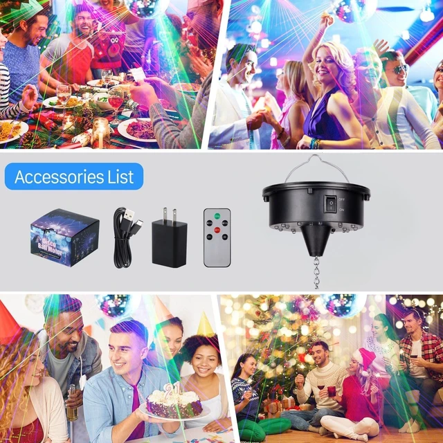 Alt view image 7 of 7 - Rotating Disco Ball Motor and Light: Disco Ball Spinner with Remote | Battery Operated or Plug-in Mirror Ball Motor - 18 RGBW LED Lights RPM Adjustable for DJ Club Bar Christmas Party Decor