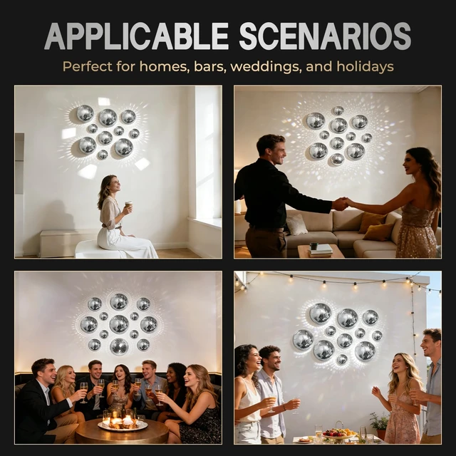 Alt view image 6 of 6 - KMLSHLL 3 Pcs Half Disco Ball Wall Decor, Silver, 8/6/4 Inch | Reflective, Ball Decoration with Adhesive Backing, Wall Art for Indoor Outdoor Home Bar Birthday Party