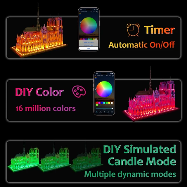 Alt view image 4 of 7 - Neisouf Color Changing LED Light kit Compatible with Lego 21061 Notre Dame, App and Remote Control (No Model Only Light)