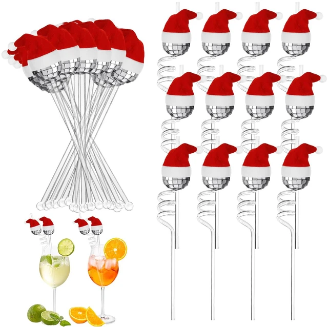 Main image of Christmas Disco Ball Straws and Stirrers with Christmas Hats Reusable Mini Disco Plastic Cocktail Straws Mirror Disco Cocktail Stirrers for Christmas Holiday Disco Party Decorations Supplies(24 Pcs)