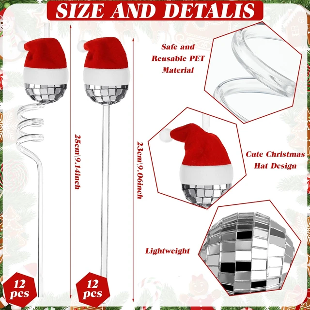 Alt view image 2 of 6 - Christmas Disco Ball Straws and Stirrers with Christmas Hats Reusable Mini Disco Plastic Cocktail Straws Mirror Disco Cocktail Stirrers for Christmas Holiday Disco Party Decorations Supplies(24 Pcs)