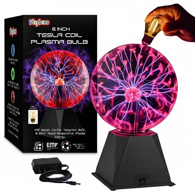 Main image of Playbees Red 6 Inch Plasma Ball, Tesla Coil Static Electricity Globe, Nebula Lightning Effect, Glass Vacuum Sphere for Party Decor, STEM