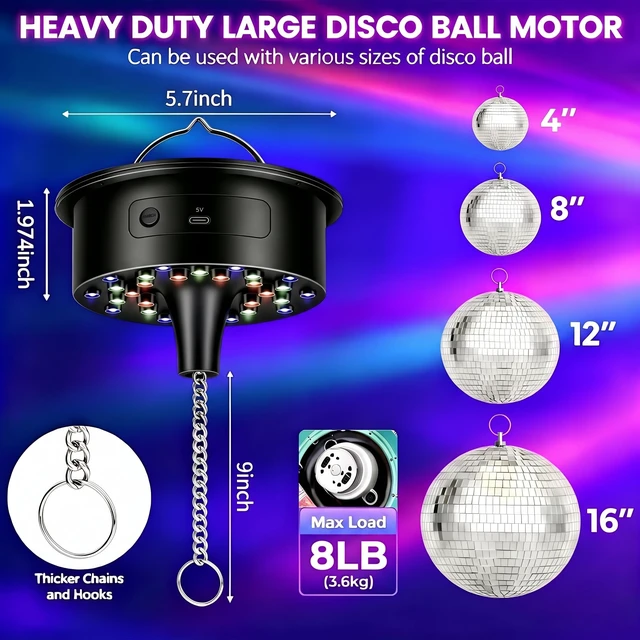 Alt view image 2 of 7 - 6.6lb Heavy Duty Disco Ball Motor with Remote 30 RGB Sound Activated LEDs | Stepless 1-8 RPM speeds for 4-12 inch globes, 16.4ft cord, USB or battery power, hanging spinner for DJ club wedding party