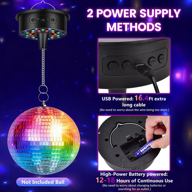 Alt view image 3 of 7 - 6.6lb Heavy Duty Disco Ball Motor with Remote 30 RGB Sound Activated LEDs | Stepless 1-8 RPM speeds for 4-12 inch globes, 16.4ft cord, USB or battery power, hanging spinner for DJ club wedding party