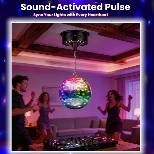 Alt view image 6 of 7 - 6.6lb Heavy Duty Disco Ball Motor with Remote 30 RGB Sound Activated LEDs | Stepless 1-8 RPM speeds for 4-12 inch globes, 16.4ft cord, USB or battery power, hanging spinner for DJ club wedding party