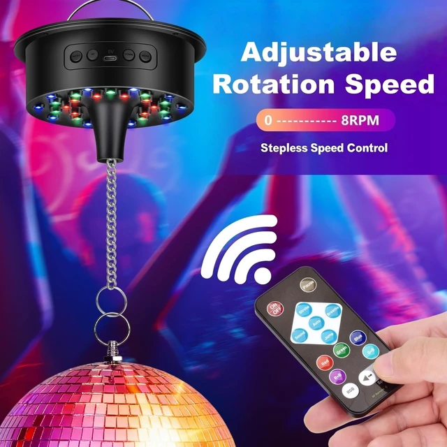 Alt view image 4 of 7 - 6.6lb Heavy Duty Disco Ball Motor with Remote 30 RGB Sound Activated LEDs | Stepless 1-8 RPM speeds for 4-12 inch globes, 16.4ft cord, USB or battery power, hanging spinner for DJ club wedding party