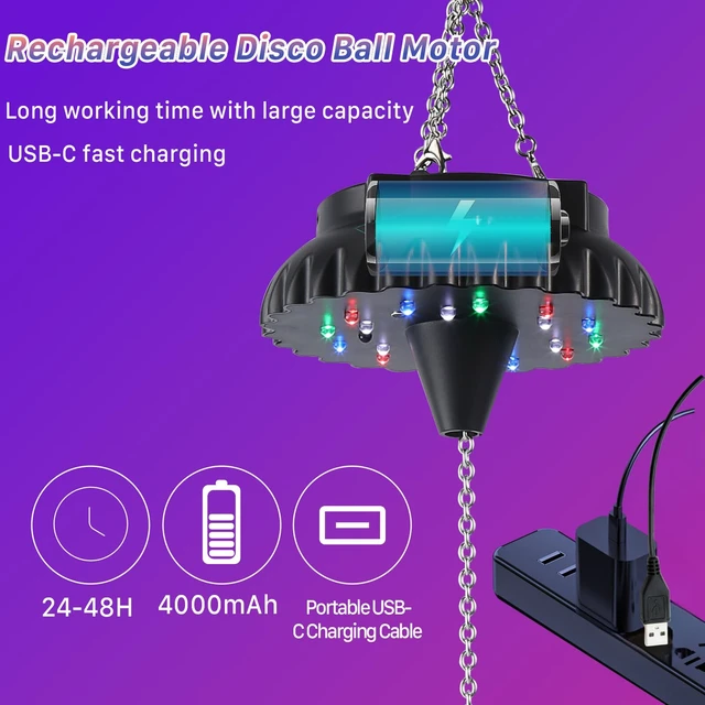Alt view image 3 of 7 - Disco Ball Motor Rotating with Light: Rechargeable Disco Ball Spinner | Mirror Ball Motor with Remote Adjustable Speed - 18 RGBW LED Light for Wedding Party Decor