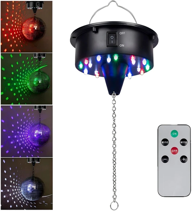 Main image of Rotating Disco Ball Motor with Remote: 0/5/10/15 RPM Mirror Ball Spinner | Battery Operated Hanging Spinner - Disco Balls Rotator with 18RGBW Led Light for 4 6 8 10 inch Disco Balls
