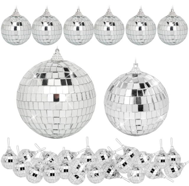 Main image of DJBoomy Mini Disco Balls Decorations: 32 Pack Small Disco Ornaments | Different Sizes Silver Mirror Ball Decor with Hanging String for Party Christmas Tree Cake Topper Wedding Table