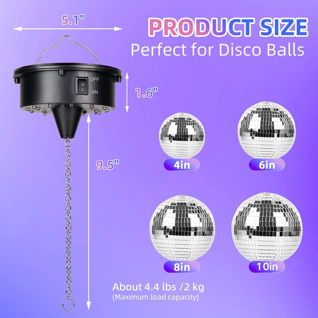 Alt view image 3 of 6 - Rotating Disco Ball Motor with Remote: 0/5/10/15 RPM Mirror Ball Spinner | Battery Operated Hanging Spinner - Disco Balls Rotator with 18RGBW Led Light for 4 6 8 10 inch Disco Balls