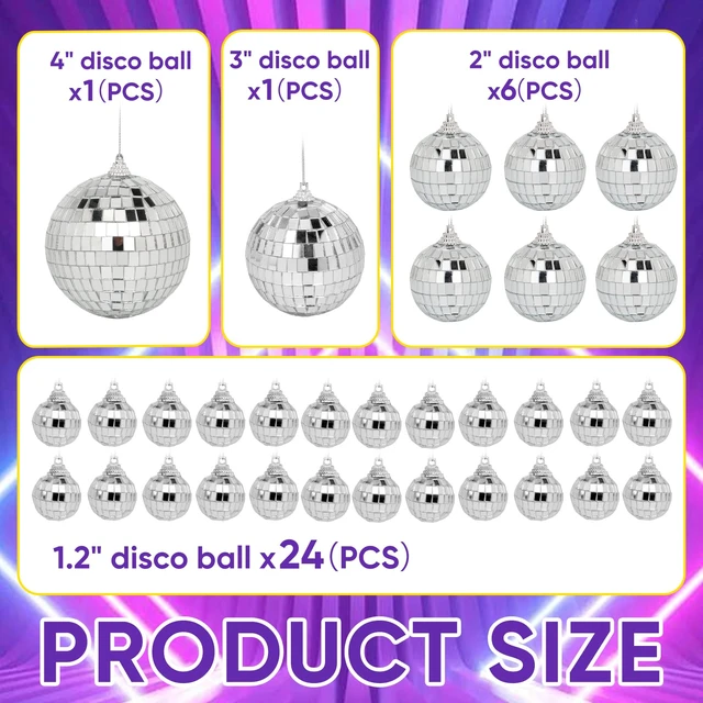 Alt view image 2 of 7 - DJBoomy Mini Disco Balls Decorations: 32 Pack Small Disco Ornaments | Different Sizes Silver Mirror Ball Decor with Hanging String for Party Christmas Tree Cake Topper Wedding Table