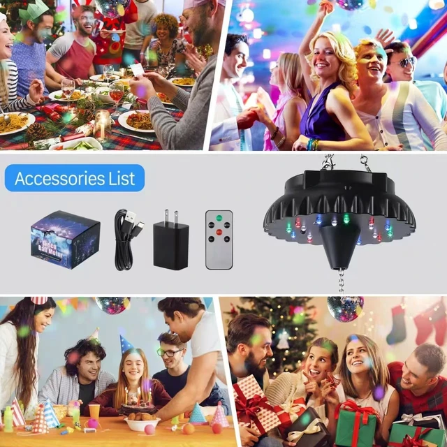 Alt view image 6 of 7 - Disco Ball Motor Rotating with Light: Rechargeable Disco Ball Spinner | Mirror Ball Motor with Remote Adjustable Speed - 18 RGBW LED Light for Wedding Party Decor