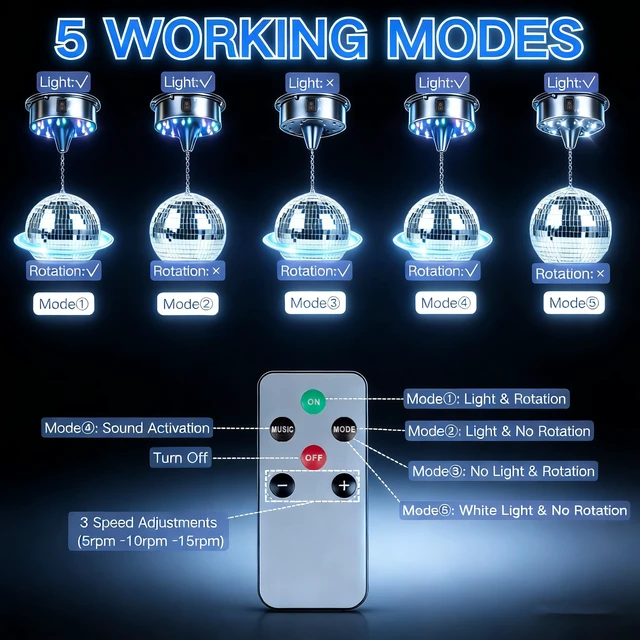 Alt view image 6 of 6 - Rotating Disco Ball Motor with Remote: 0/5/10/15 RPM Mirror Ball Spinner | Battery Operated Hanging Spinner - Disco Balls Rotator with 18RGBW Led Light for 4 6 8 10 inch Disco Balls