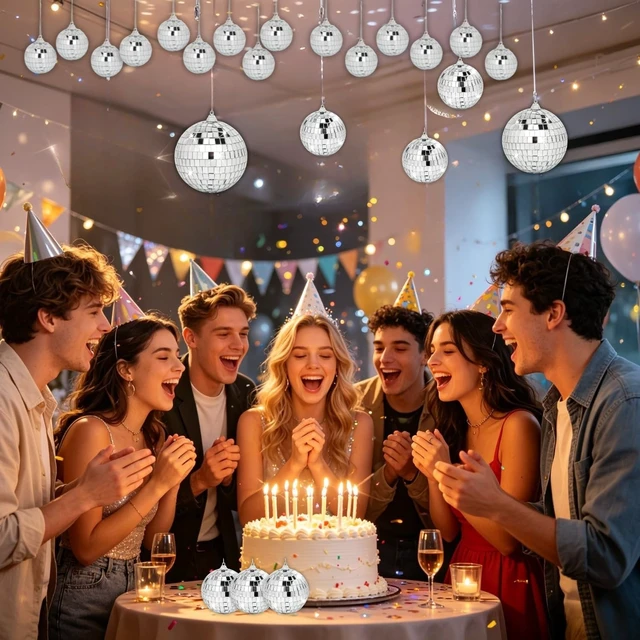 Alt view image 7 of 7 - DJBoomy Mini Disco Balls Decorations: 32 Pack Small Disco Ornaments | Different Sizes Silver Mirror Ball Decor with Hanging String for Party Christmas Tree Cake Topper Wedding Table