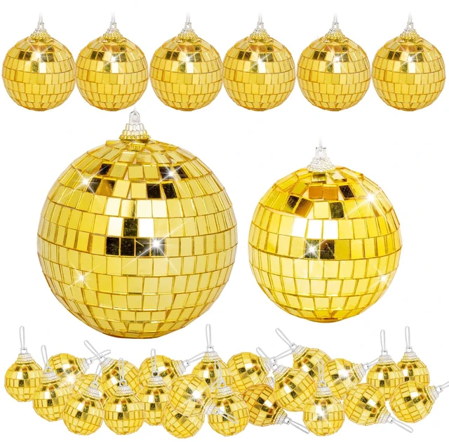Main image of DJBoomy Mini Gold Disco Ball Decorations: 32 Pack Small Disco Ornaments | Different Sizes Mirror Balls Decor with Hanging String for Party Christmas Tree Cake Topper Wedding Table