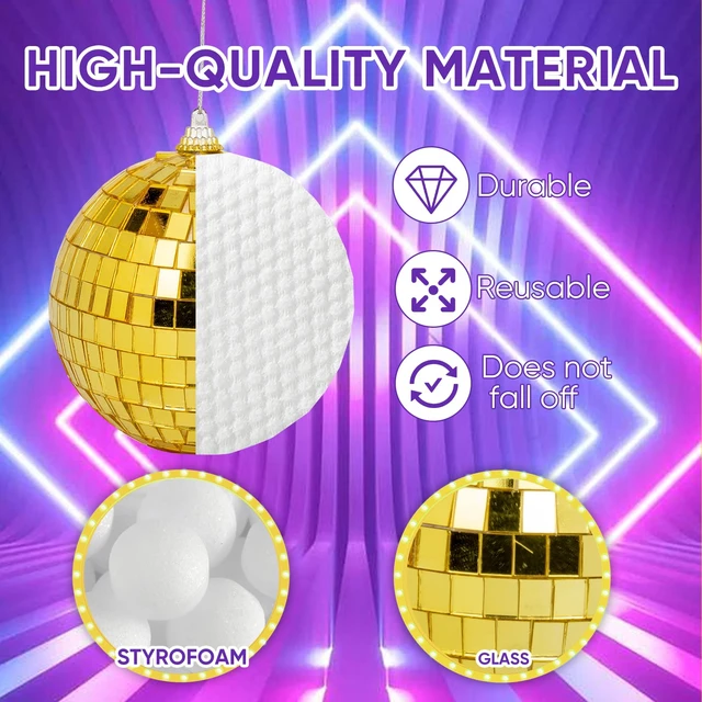 Alt view image 3 of 7 - DJBoomy Mini Gold Disco Ball Decorations: 32 Pack Small Disco Ornaments | Different Sizes Mirror Balls Decor with Hanging String for Party Christmas Tree Cake Topper Wedding Table