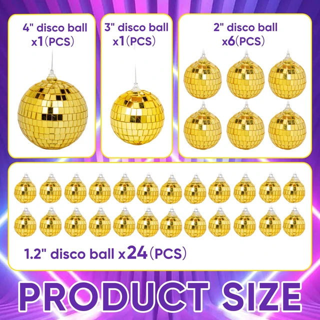 Alt view image 2 of 7 - DJBoomy Mini Gold Disco Ball Decorations: 32 Pack Small Disco Ornaments | Different Sizes Mirror Balls Decor with Hanging String for Party Christmas Tree Cake Topper Wedding Table