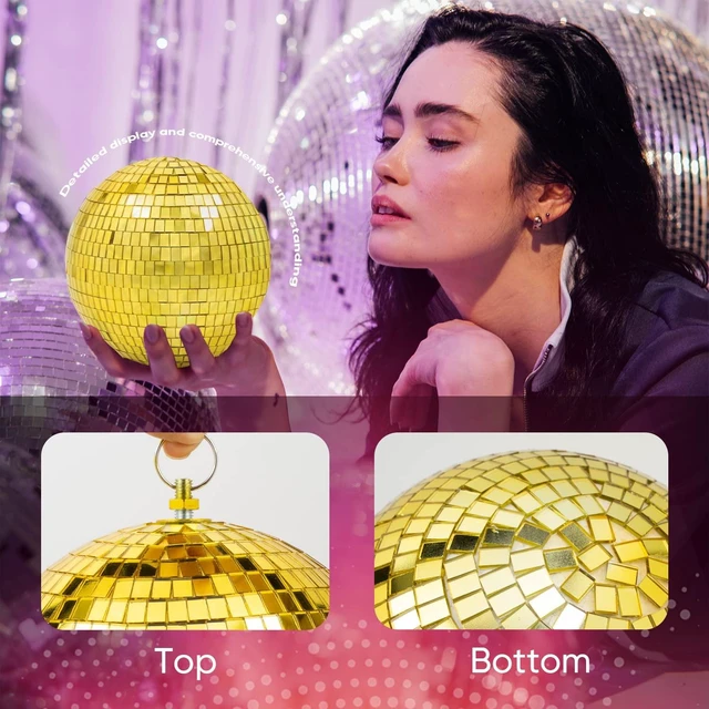 Alt view image 5 of 7 - 8 Inch Gold Disco Ball Decor: Hanging Mirror Balls Party Decoration | Reflective Glass Disco Ball Ornaments with Hanging Ring for 70s Theme Party DJ Stage Wedding and Room Ceiling Decor