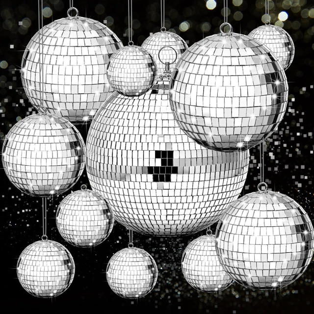 Main image of Beeveer 12 Pcs Mirror Disco Ball Ornaments for Party Decors, 8/5/3/2 Inch | Disco Ornaments, Retro 70s, Glass and Foam Material, Easy Hanging with O-ring and Lanyard, for Weddings Parties and Events