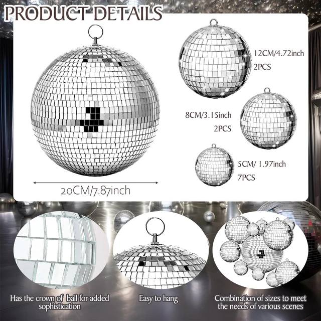 Alt view image 2 of 6 - Beeveer 12 Pcs Mirror Disco Ball Ornaments for Party Decors, 8/5/3/2 Inch | Disco Ornaments, Retro 70s, Glass and Foam Material, Easy Hanging with O-ring and Lanyard, for Weddings Parties and Events