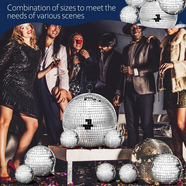 Alt view image 3 of 6 - Beeveer 12 Pcs Mirror Disco Ball Ornaments for Party Decors, 8/5/3/2 Inch | Disco Ornaments, Retro 70s, Glass and Foam Material, Easy Hanging with O-ring and Lanyard, for Weddings Parties and Events