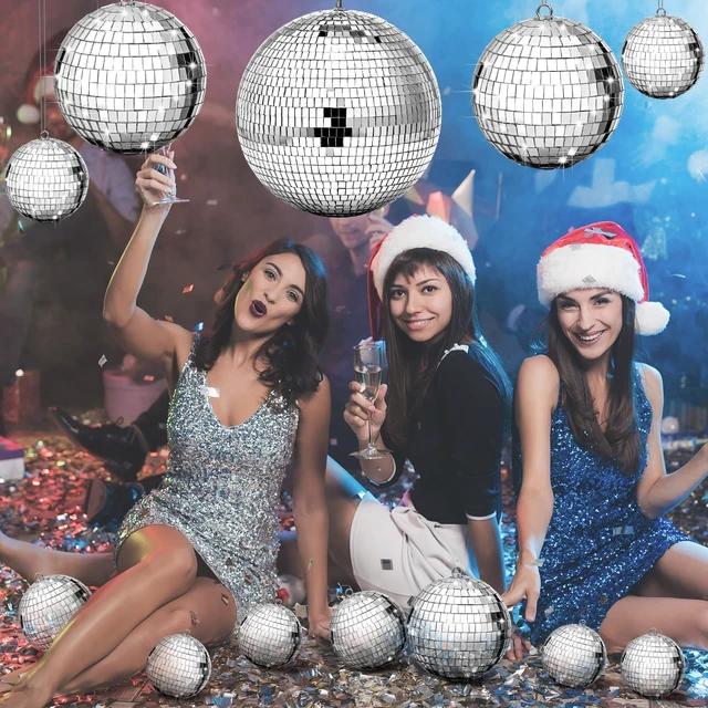 Alt view image 4 of 6 - Beeveer 12 Pcs Mirror Disco Ball Ornaments for Party Decors, 8/5/3/2 Inch | Disco Ornaments, Retro 70s, Glass and Foam Material, Easy Hanging with O-ring and Lanyard, for Weddings Parties and Events