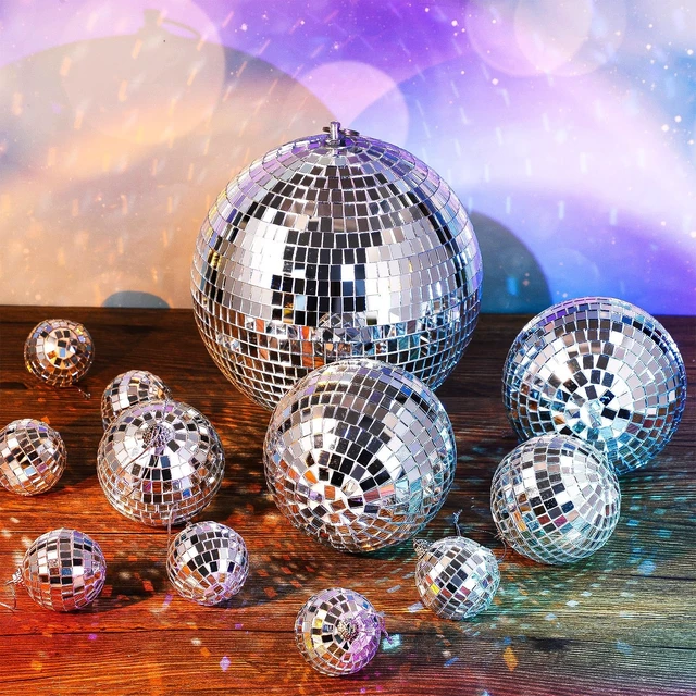 Alt view image 6 of 6 - Beeveer 12 Pcs Mirror Disco Ball Ornaments for Party Decors, 8/5/3/2 Inch | Disco Ornaments, Retro 70s, Glass and Foam Material, Easy Hanging with O-ring and Lanyard, for Weddings Parties and Events