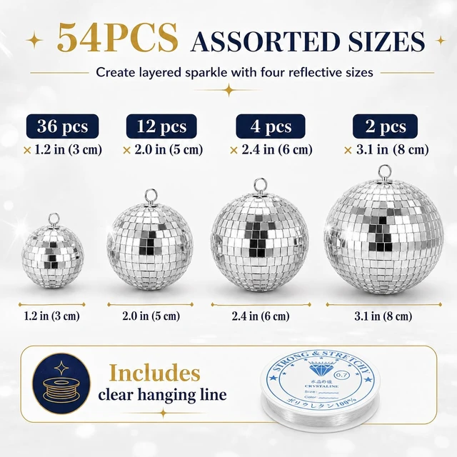 Alt view image 2 of 7 - Youdepot Mini Silver Disco Balls, 54PCS Disco Ball Pack | Hanging Ornaments, Disco Party Decorations, Weddings, Rooms, Cakes, Disco Christmas Decor, nye ball, small outdoor disco ball