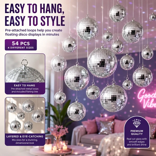 Alt view image 4 of 7 - Youdepot Mini Silver Disco Balls, 54PCS Disco Ball Pack | Hanging Ornaments, Disco Party Decorations, Weddings, Rooms, Cakes, Disco Christmas Decor, nye ball, small outdoor disco ball
