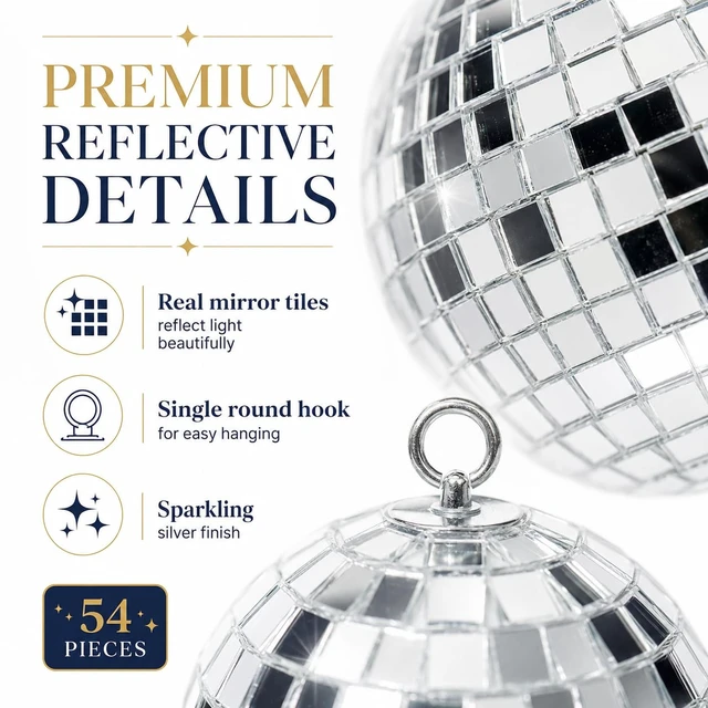 Alt view image 3 of 7 - Youdepot Mini Silver Disco Balls, 54PCS Disco Ball Pack | Hanging Ornaments, Disco Party Decorations, Weddings, Rooms, Cakes, Disco Christmas Decor, nye ball, small outdoor disco ball