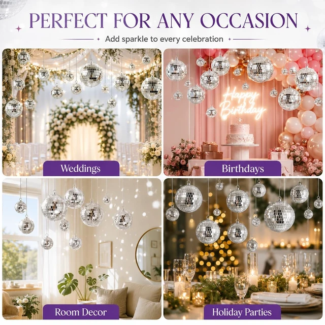 Alt view image 5 of 7 - Youdepot Mini Silver Disco Balls, 54PCS Disco Ball Pack | Hanging Ornaments, Disco Party Decorations, Weddings, Rooms, Cakes, Disco Christmas Decor, nye ball, small outdoor disco ball