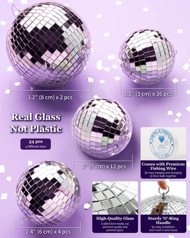 Alt view image 7 of 7 - Youdepot Mini Silver Disco Balls, 54PCS Disco Ball Pack | Hanging Ornaments, Disco Party Decorations, Weddings, Rooms, Cakes, Disco Christmas Decor, nye ball, small outdoor disco ball