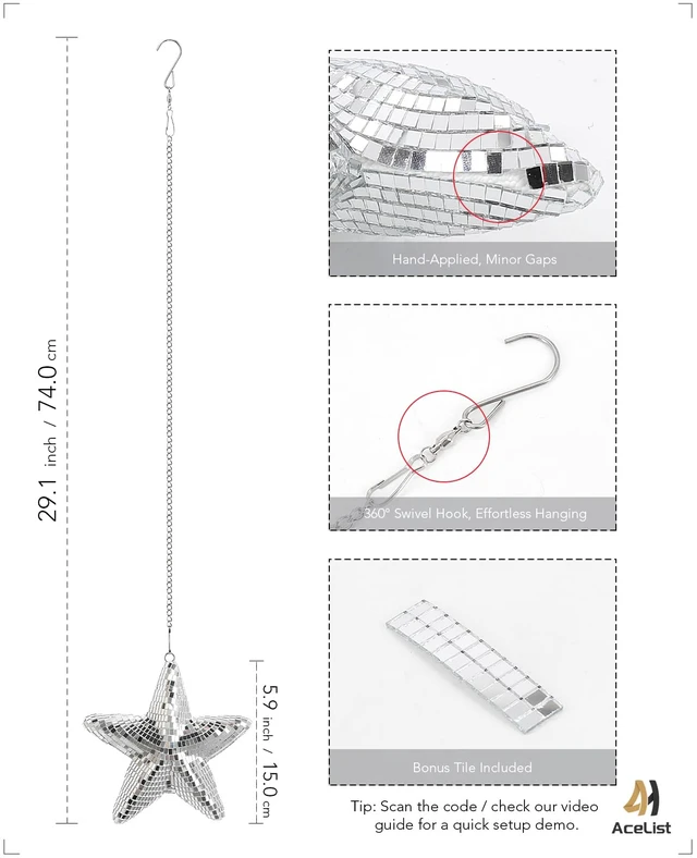 Alt view image 2 of 6 - AceList Star Hanging Disco Ball Decor Set of 3 Mirror Star Sun Catchers, 5.9" Sparkle Ornaments for Window, Bedroom, Gift or Christmas Decorations, Unique Mirror Disco Ball Decorations for Home