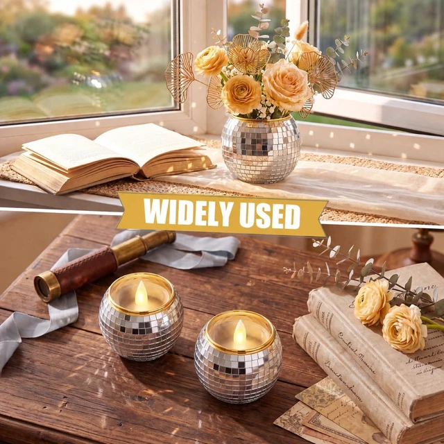 Alt view image 2 of 7 - OBreezify 12 Pcs Gold Rim Disco Ball Candle Holder Glass Mirror Centerpiece | Mini Disco Balls Decor, Wedding Party Table Vase, Christmas Flameless Candle Holder