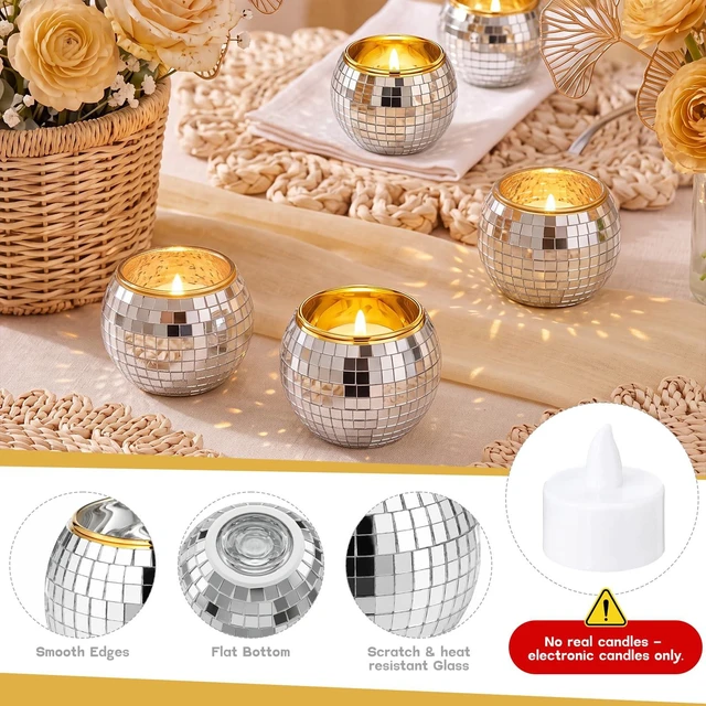 Alt view image 5 of 7 - OBreezify 12 Pcs Gold Rim Disco Ball Candle Holder Glass Mirror Centerpiece | Mini Disco Balls Decor, Wedding Party Table Vase, Christmas Flameless Candle Holder