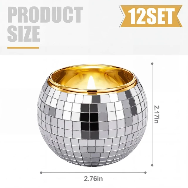 Alt view image 4 of 7 - OBreezify 12 Pcs Gold Rim Disco Ball Candle Holder Glass Mirror Centerpiece | Mini Disco Balls Decor, Wedding Party Table Vase, Christmas Flameless Candle Holder