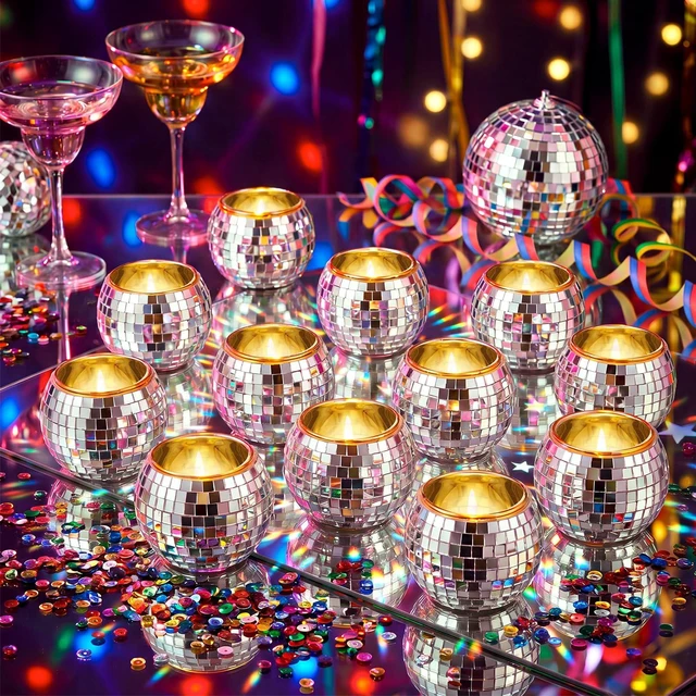 Alt view image 6 of 7 - OBreezify 12 Pcs Gold Rim Disco Ball Candle Holder Glass Mirror Centerpiece | Mini Disco Balls Decor, Wedding Party Table Vase, Christmas Flameless Candle Holder