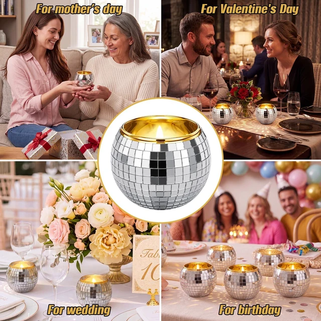 Alt view image 7 of 7 - OBreezify 12 Pcs Gold Rim Disco Ball Candle Holder Glass Mirror Centerpiece | Mini Disco Balls Decor, Wedding Party Table Vase, Christmas Flameless Candle Holder