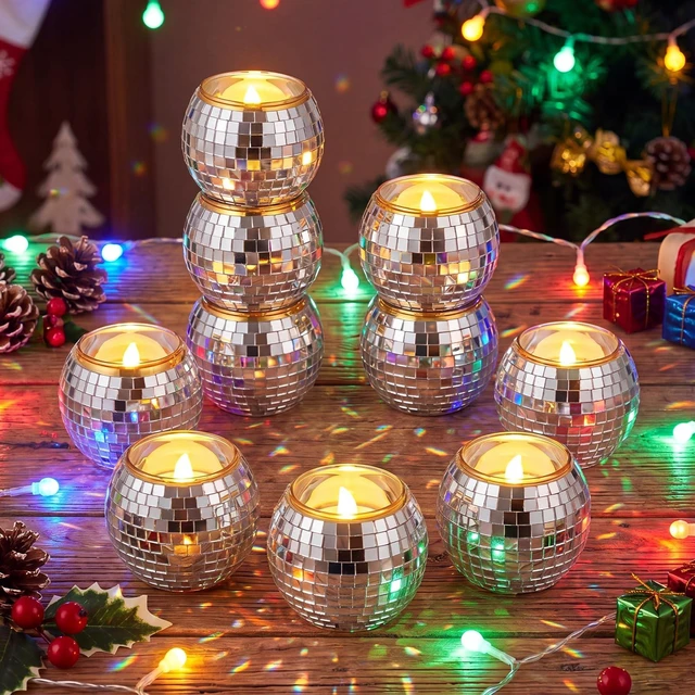 Alt view image 3 of 7 - OBreezify 12 Pcs Gold Rim Disco Ball Candle Holder Glass Mirror Centerpiece | Mini Disco Balls Decor, Wedding Party Table Vase, Christmas Flameless Candle Holder