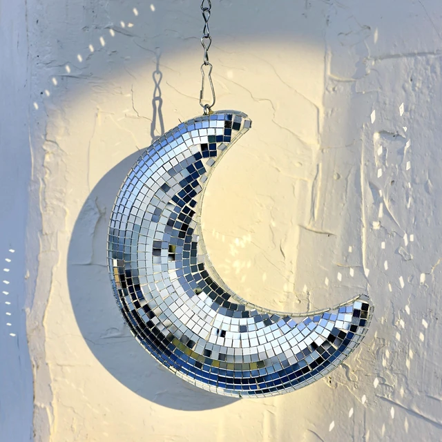 Main image of RGZOCT Hanging Disco Ball Moon Shaped 8 Inch Silver Stage Mirror Ball for Christmas Tree, Party, Room, Courtyard, Handmade Retro Home Decor