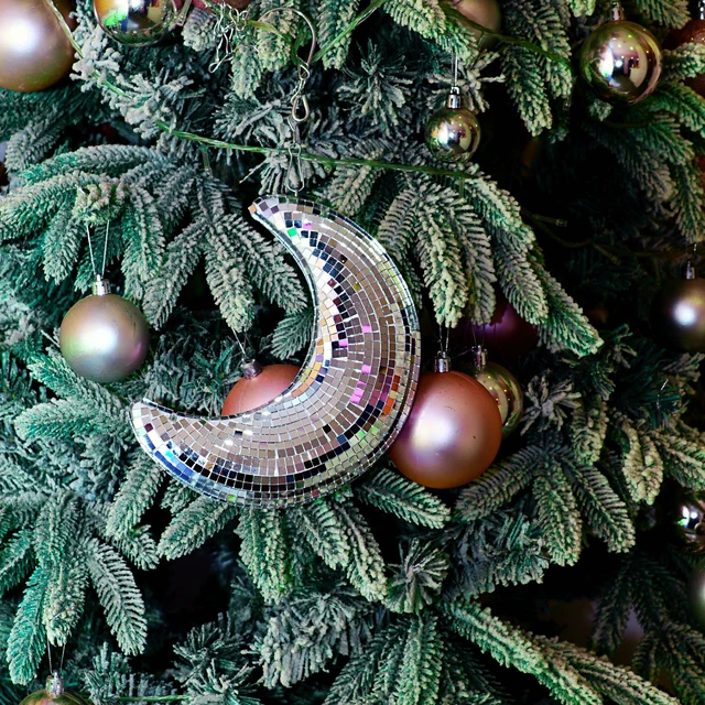 Alt view image 3 of 7 - RGZOCT Hanging Disco Ball Moon Shaped 8 Inch Silver Stage Mirror Ball for Christmas Tree, Party, Room, Courtyard, Handmade Retro Home Decor