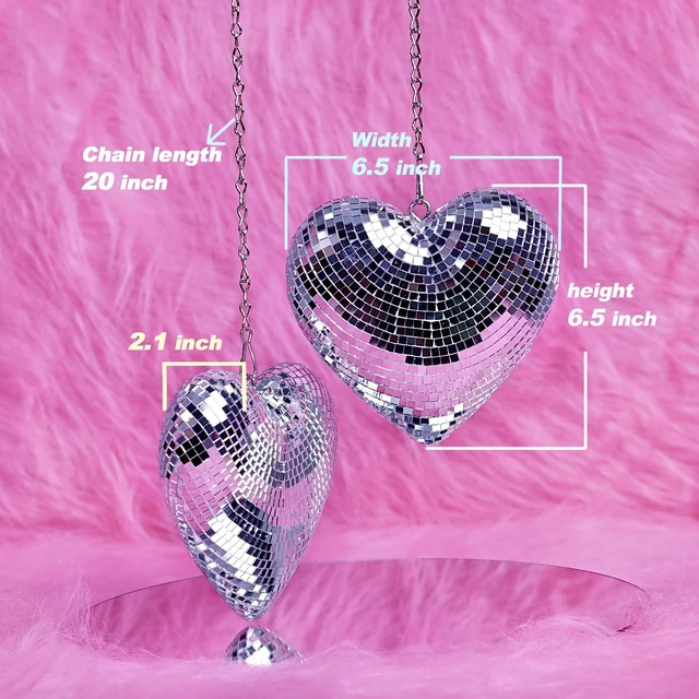 Alt view image 2 of 7 - RGZOCT Disco Balls 2 Pack Silver Heart-Shaped Stage Mirror Balls Hanging Decor for Party, Room, Wedding, Garden, Retro Reflective Disco Ball Handmade Gifts (6.3 inch)