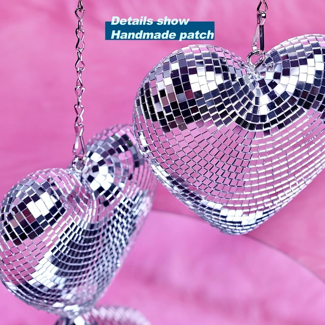 Alt view image 3 of 7 - RGZOCT Disco Balls 2 Pack Silver Heart-Shaped Stage Mirror Balls Hanging Decor for Party, Room, Wedding, Garden, Retro Reflective Disco Ball Handmade Gifts (6.3 inch)