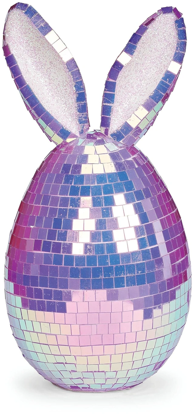Main image of Roman, 7" Purple Mirror Ball Egg with Bunny Ears, Easter Disco Egg Table Decor