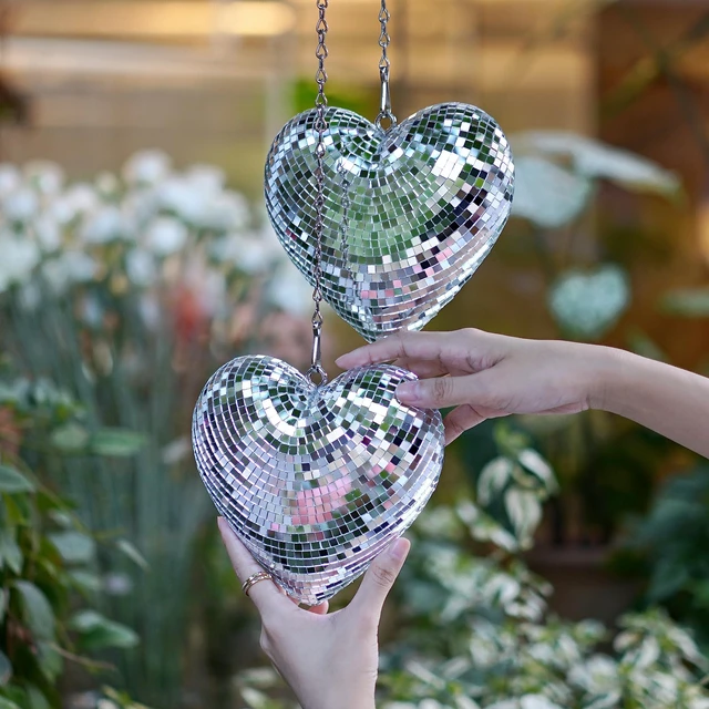 Alt view image 4 of 7 - RGZOCT Disco Balls 2 Pack Silver Heart-Shaped Stage Mirror Balls Hanging Decor for Party, Room, Wedding, Garden, Retro Reflective Disco Ball Handmade Gifts (6.3 inch)