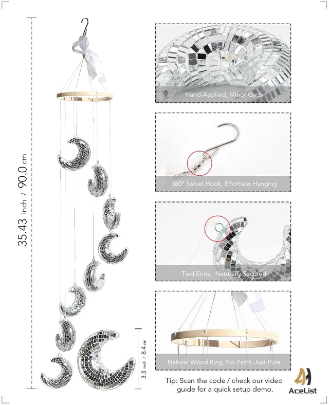 Alt view image 2 of 6 - AceList Big Moon Hanging Disco Ball Decor35.4 Inch Hanging Crescent Moon Mirrors, Perfect for Indoor & Outdoor Decoration, Holiday & Party Decor, Unique Gift Idea