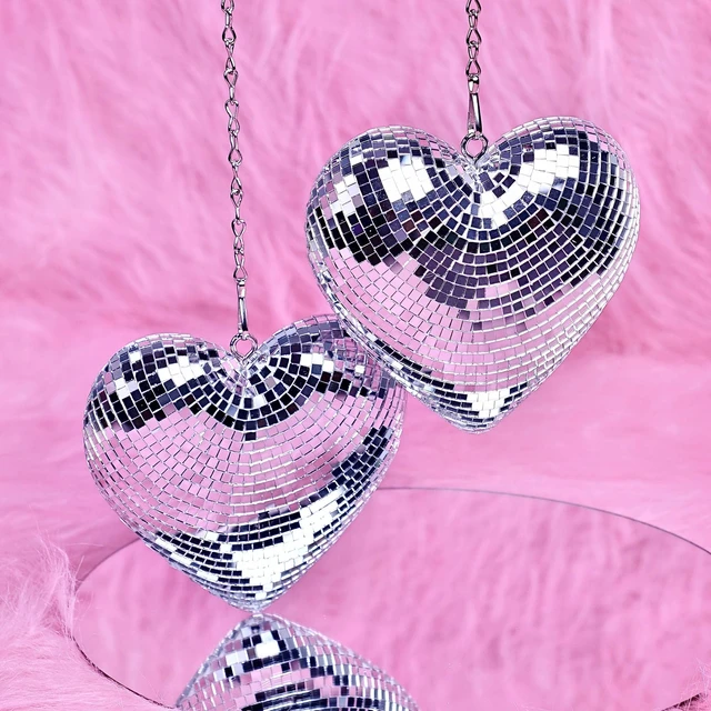 Alt view image 7 of 7 - RGZOCT Disco Balls 2 Pack Silver Heart-Shaped Stage Mirror Balls Hanging Decor for Party, Room, Wedding, Garden, Retro Reflective Disco Ball Handmade Gifts (6.3 inch)