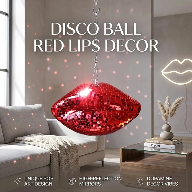 Alt view image 2 of 7 - Hanging Disco Lips, Red Disco Ball Decor 8'' | Mirrored Lips Pop Art Decor Cute Handmade Gift for Girls Bedroom, Wedding, Retro Party, Christmas